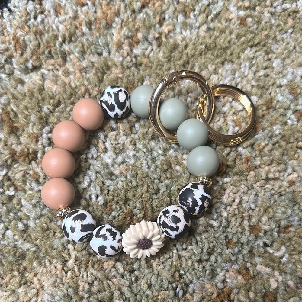 Animal Print & Sunflower Green Tan/Brown & Cream Keychain Bracelet Wristlet Gold